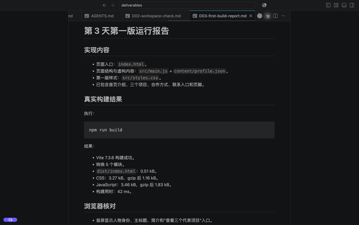 VS Code Markdown 预览中的第 3 天第一版运行报告