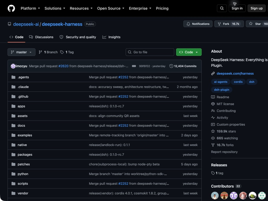 Chrome 中打开的 DeepSeek Harness 官方 GitHub 仓库